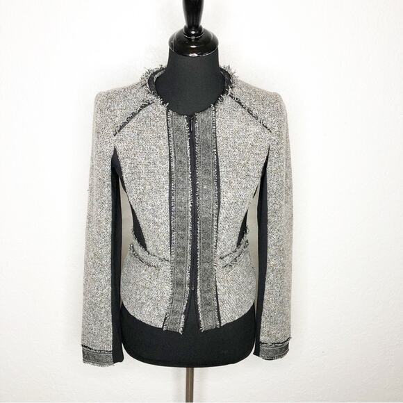WHBM black white tan tweed fringe trim zip front blazer size 0 - Picture 1 of 16